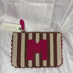 Anthropologie Pink and Brown Striped Beaded Clutch